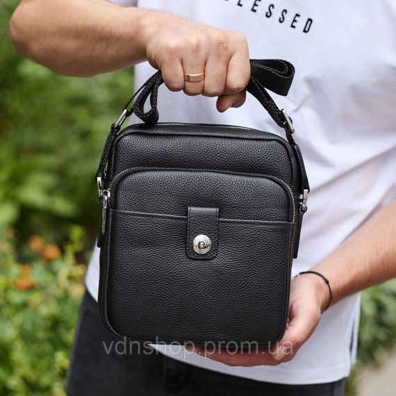 Чоловіча шкіряна універсальна сумка 24х20х8, барсетка зі шкіри, сумочка для чоловіків з регулюванням ручки, чорна | Зображення 3