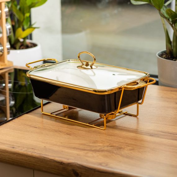 Марміт порцелянаовий зі скляною кришкою 35.5х19х15.5 см на металевій підставці 1,5 л Чорний HTJ-1002 | Зображення 4