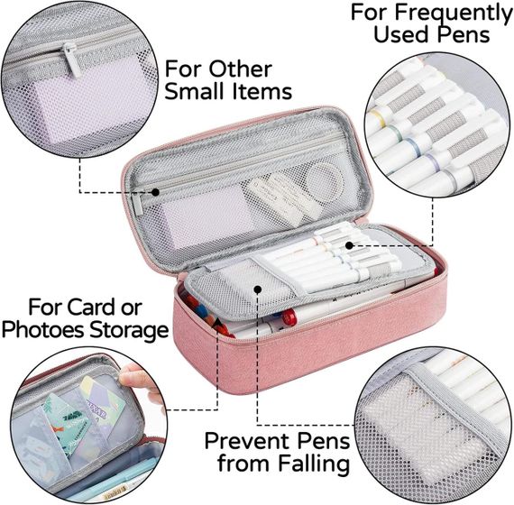 Пенал великий рожевий з лляної тканини на блискавці, органайзер для канцелярії, косметики, дрібниць, з 5 відділеннями для дівчинки | Зображення 2