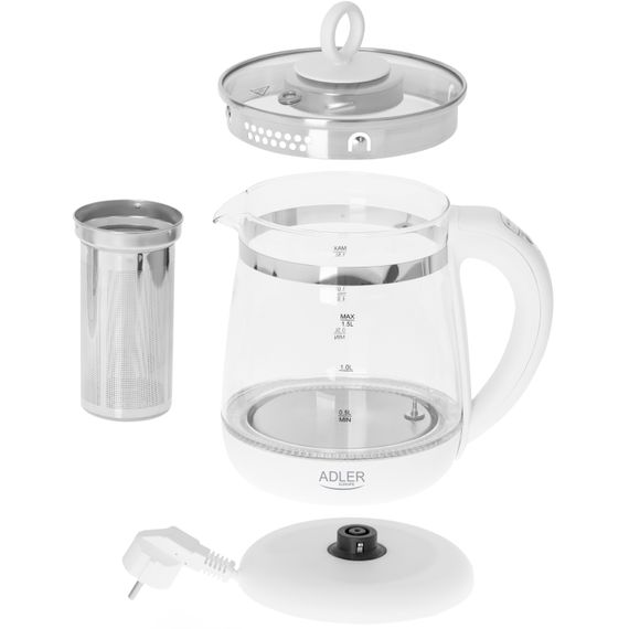 Електрочайник Adler AD 1299 1850-2200Вт/ 1.5л/ скло/ заварник/ встановлення температури/ білий | Зображення 3