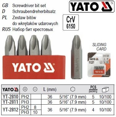 Набор насадки викруткові YATO ударні PH2 5/16" l=36 мм 5 штук YATO YT-2810
