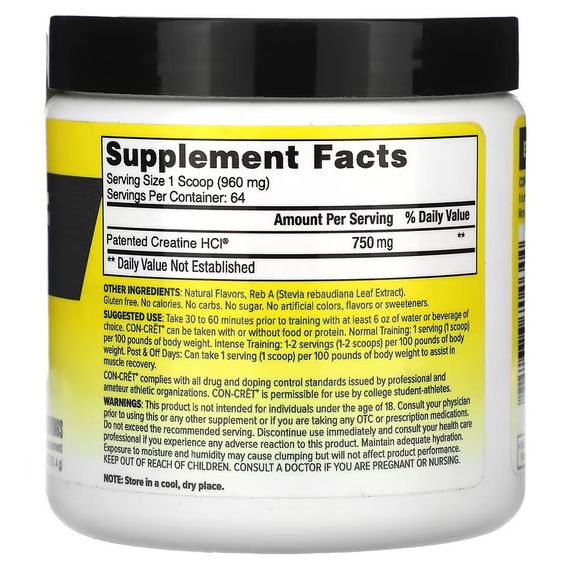 Креатин Con-Cret Patented Creatine HCl 61.4 g (Lemon-Lime) | Зображення 1