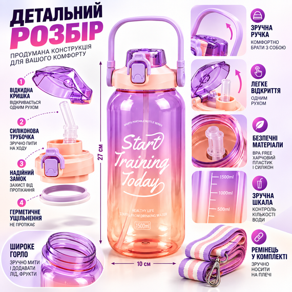 Спортивная бутылка для воды START TRAINING 1500 мл с ручкой и трубочкой - фиолетовая, большая фитнес-бутылка 1,5 л | Зображення 2