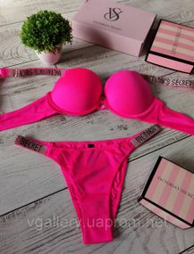 Комплект женского нижнего белья Victoria's Secret со стразами Виктория Сикрет  - Розовый 80C