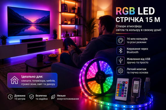 Гнучка світлодіодна стрічка RGB USB 15м / Стрічка на USB на монітор, меблі + пульт / LED стрічка від павербанку | Зображення 2