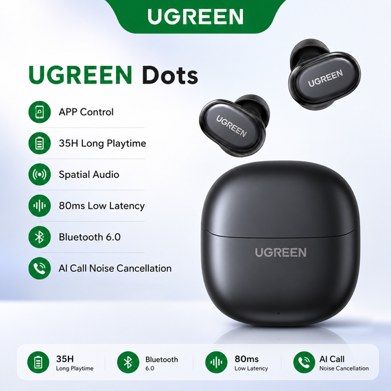 Навушники бездротові UGREEN Dots WS220 TWS Bluetooth 6.0 Black, до 35 годин роботи, Spatial Audio, AI шумозаглушення | Зображення 1