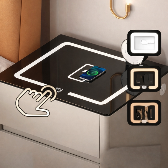 Умная прикроватная тумба QYJXF02 со встроенным кодовым сейфом, Bluetooth-колонкой и USB, сенсорная подсветка, экокожа, серая | Зображення 4