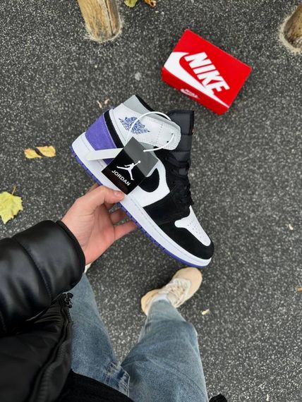 Зимові кросівки Nike Air Jordan Retro 1 топ якість  чорно-білі з фіолетовим | Зображення 7