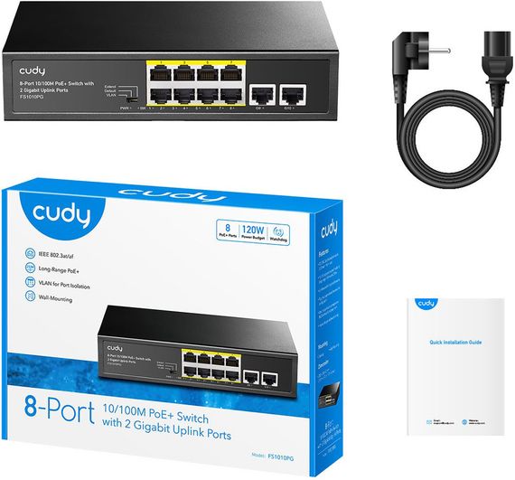 Комутатор Cudy FS1010PG, 8 портовий 10/100M PoE+ Switch with 2 Gigabit Uplink Ports 120W | Зображення 3