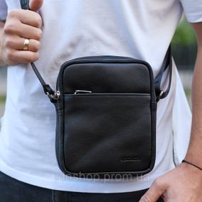 Чоловіча сумка через плече, гладкая кожа 20х16х6, месенджер для міста, барсетка для телефону та документів, чорна