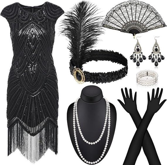 Платье в стиле 20-х коктейльное с аксессуарами женский ретро образ Гэтсби Чарльстона для Хэллоуина выступления