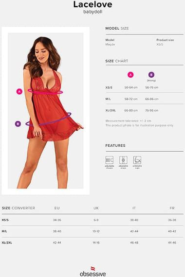 Сорочка бебидолл и стринги Obsessive Lacelove babydoll Красная XL/2XL | Зображення 4
