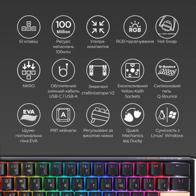Клавиатура Ducky One 3 Mini Cherry MX Red RGB UA USB Black (DKON2161ST-RUAPXCLAWSC1) | Зображення 9