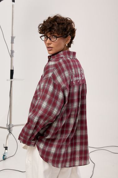 Вільна сорочка в клітинку з написом на спині - бордо цвет, ONE SIZE (є розміри) | Зображення 1