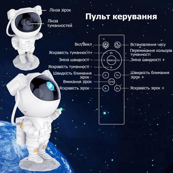 Ночник проектор звездного неба БОЛЬШОЙ Космонавт – лазерный светильник проектор астронавт с пультом | Зображення 6