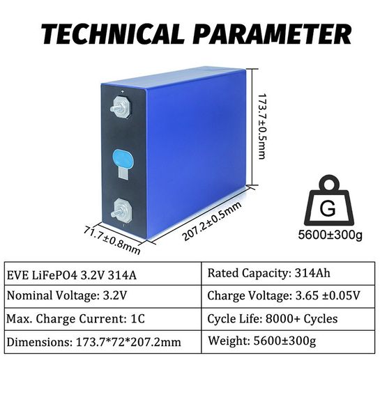 Акумулятор комірки EVE LiFePO4 314ah 3.2v | Зображення 1