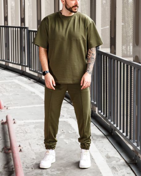 Мужской летний спортивный костюм двойка футболка + штаны BD0016 размер М, цвет хаки | Зображення 3