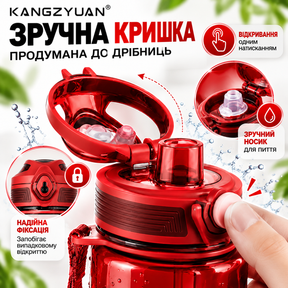 Бутылка для воды KANGZYUAN 650 мл спортивная красная Tritan BPA Free ударопрочная с эргономичной крышкой и ремешком | Зображення 4
