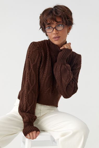 Короткий в’язаний светр з косичками - коричневий цвет, ONE SIZE (є розміри) | Зображення 3