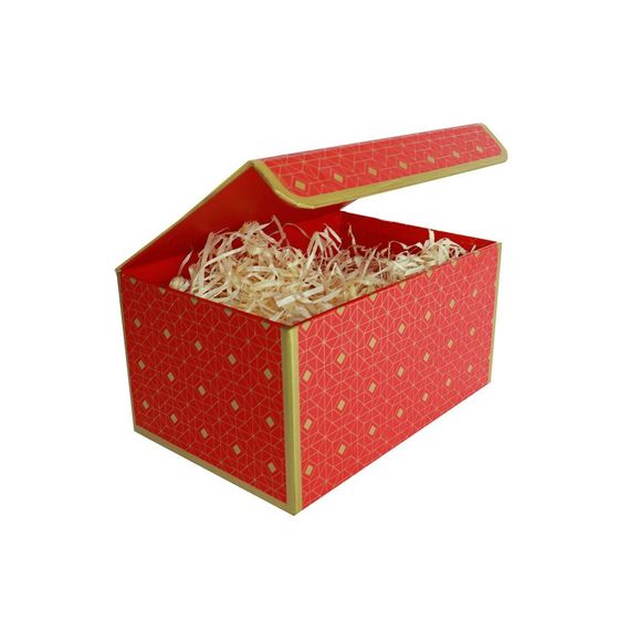 Подарункова коробка червона з золотим геометричним малюнком, L — 25,3×18×13,5 см | Зображення 1