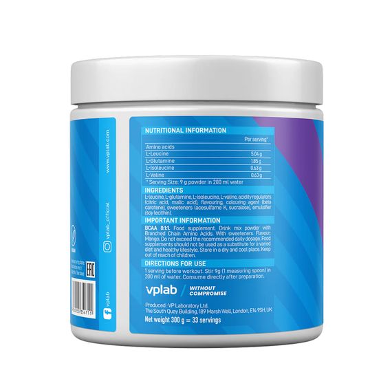 Амінокислота VPLab BCAA 8:1:1 - 300g (Mango) | Зображення 1