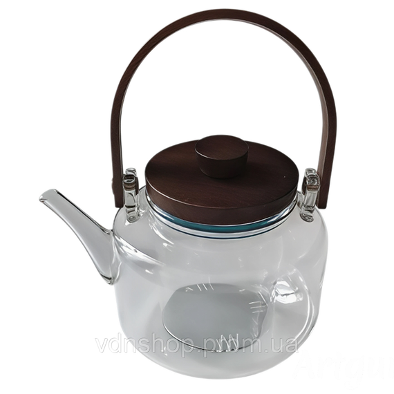Заварник скляний для чаю 0.8 л Заварний чайник для заварювання з дерев'яною ручкою прозорий HP-34-38 | Зображення 2
