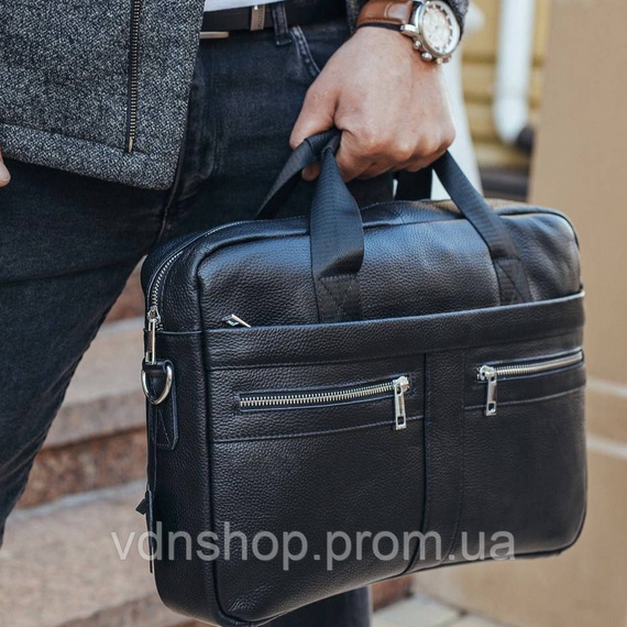 Шкіряна чоловіча сумка для ноутбука та документів чорна 39x28x8,  портфель для паперів, чорний