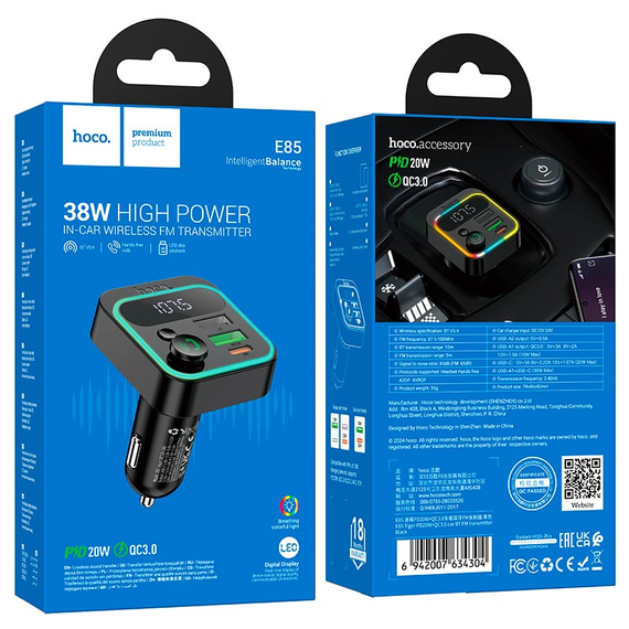 FM-модулятор HOCO E85 Tiger PD20W+QC3.0 /2*USB+1*Type-C /BTv5.4 | Зображення 1