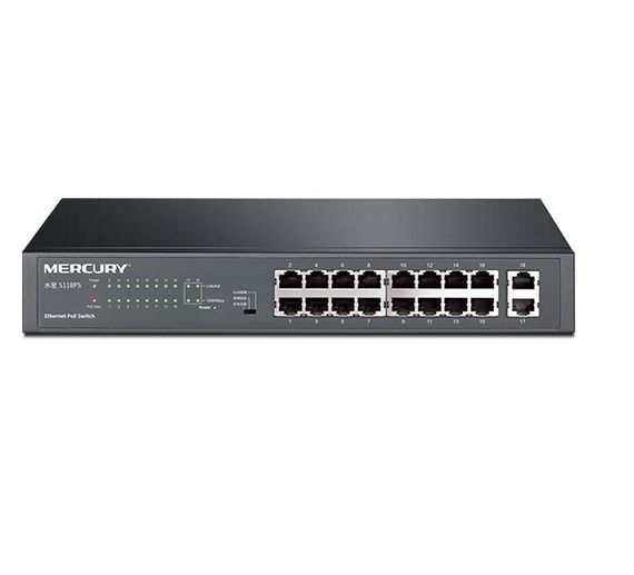 Комутатор POE Mercury SG118PS 16 портів POE 100Мбит + 2 порт Ethernet (UP-Link) 100 Мбіт, БП вбудований, BOX (294*180*44)