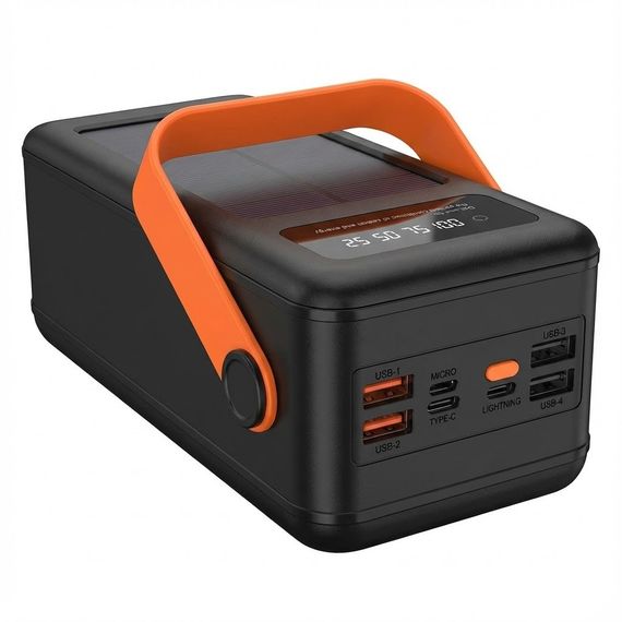 Power Bank 80000 mAh із сонячною панеллю та ліхтариком YM-638CX, Потужний зовнішній акумулятор 4 USB, Чорний | Зображення 1