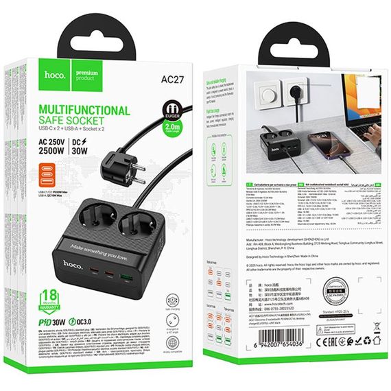Подовжувач Hoco AC27 Descanso (PD30W/2C/1A/2xSocket) (2m) Black | Зображення 4