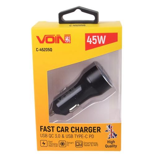 Автомобільний зарядний пристрій VOIN 45W, 1USB QC3.0 18W + 1PD 27W, 12/24V | Зображення 3