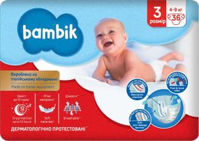 Підгузки дитячі одноразові Bambik Medium розмір 3 MIDI 4-9 кг 36 шт