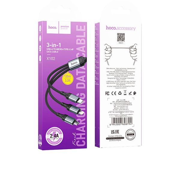 Кабель HOCO X102 USB-1 3 in 1 Micro/Iphone/Type-C, 2A, довжина 1м, Black | Зображення 6