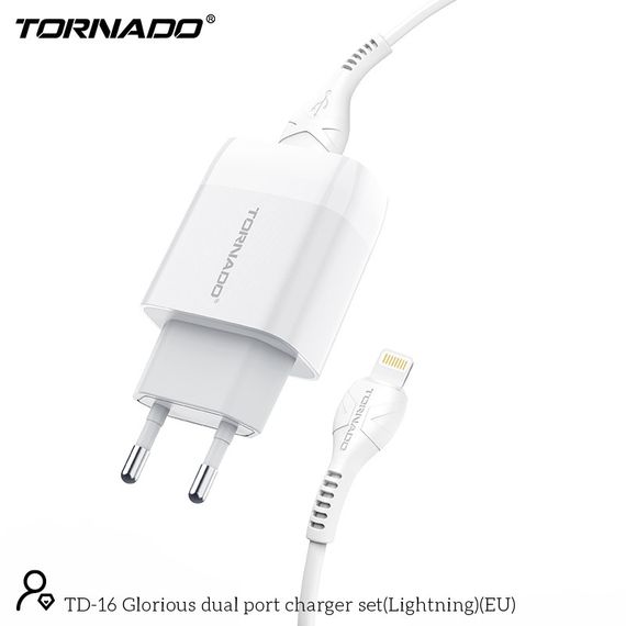 Мережевий зарядний пристрій Tornado TD-16 (2USB/2.4A/1м) + USB кабель Lightning-білий | Зображення 1