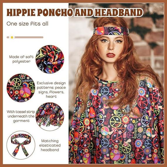 Хіпі костюм жіночій ретро у стилі 60х 70х для Хелловіну, вечірки, корпоративу, карнавальний комплект хіппі пончо | Зображення 1