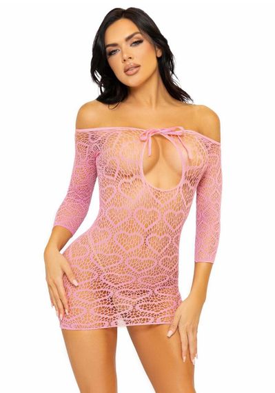 Платье-сетка с сердечками Leg Avenue Heart net mini dress Pink, завязки, открытые плечи, one size Sex Aura