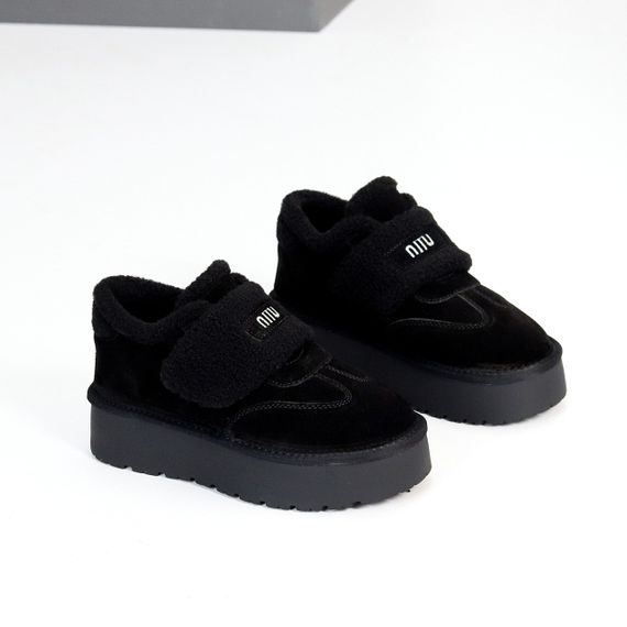 Молодежные черные угги автоледи натуралки с мехом тедди на липучке | Зображення 1