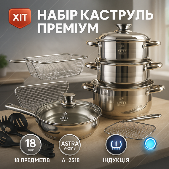 Комплект металевих каструль 18 предметов ASTRA A-2518, Збірний набір каструль Набір якісних MZ-20