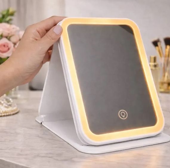 Дзеркало YB-006 з LED-підсвіткою на підставці акумулятор 3 режими світіння сенсорне керування Білий | Зображення 2