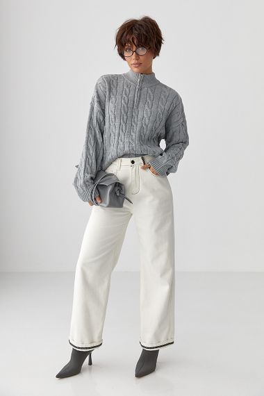 В'язаний светр в косички з блискавкою на горловині - сірий цвет, ONE SIZE (є розміри) | Зображення 2