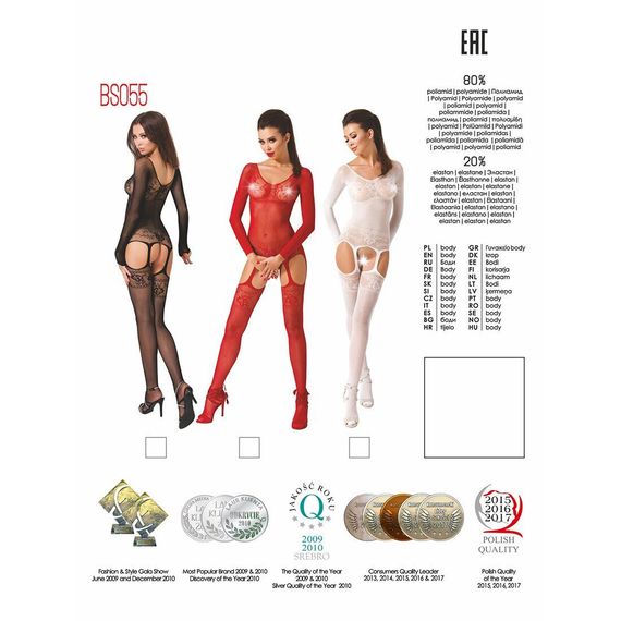 Бодістокінг Passion BS055 white, комбінезон, імітація панчох і пояса, довгий рукав, закрите плече, S/M/L | Зображення 4