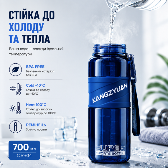 Спортивная бутылка для воды KANGZYUAN 700 мл Синяя, Tritan (BPA Free), ударопрочная с ремешком | Зображення 3