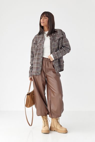 Клітчаста сорочка з напівкруглим низом - коричневий цвет, S (є розміри) | Зображення 2