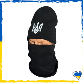 Комплект чорний з гербом шапка и баф на флісі унісекс. Набір теплий. Чоловічий, жіночий, підлітковий, дитячий