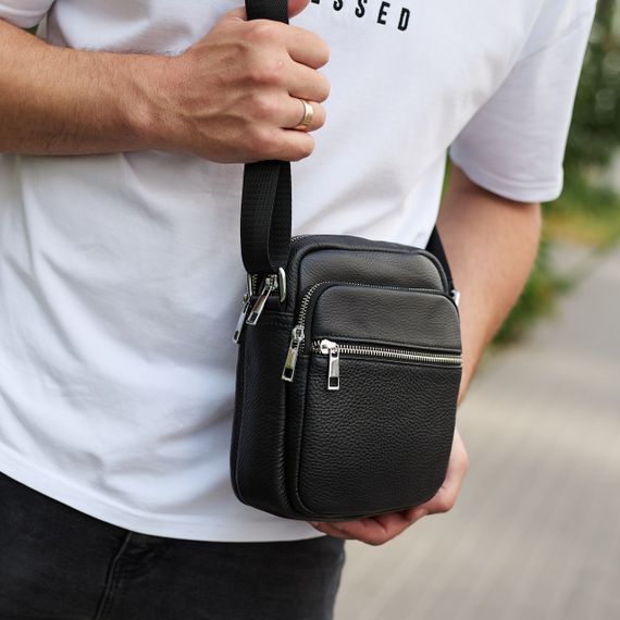 Чоловіча шкіряна барсетка 21х17х7, сумка для міста, компактний месенджер для щоденного використання, чорна | Зображення 4