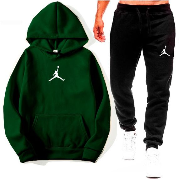 Мужской спортивный костюм двойка штаны + худи, теплый на флисе, Джордан AD0001 цвет черно-зеленый, размер М