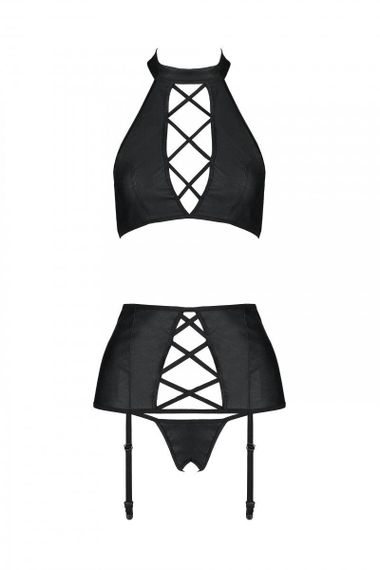 Комплект з еко-шкіри з імітацією шнурівки Passion NANCY SET L/XL black топ, трусики, пояс для панчіх sexstyle | Зображення 4