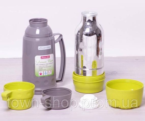 Термос Kamille Glass Pleasure 1000мл зеркальная колба, 2 чашки KM-2080 | Зображення 1