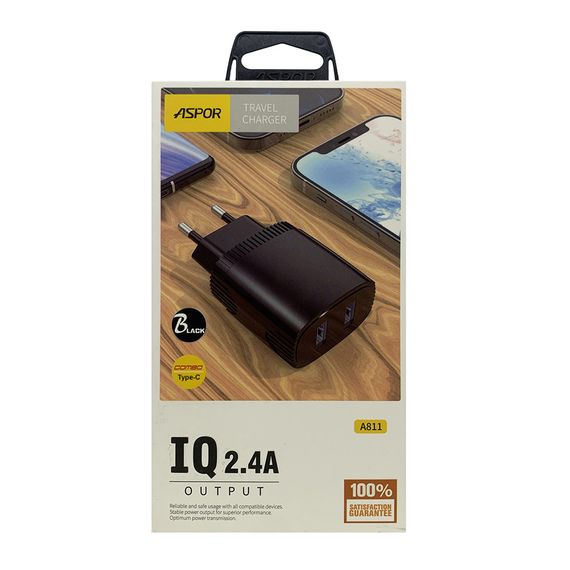 Мережевий зарядний пристрій Aspor A811 (2USB/2.4 A) + кабель USB — Type-C чорний | Зображення 3